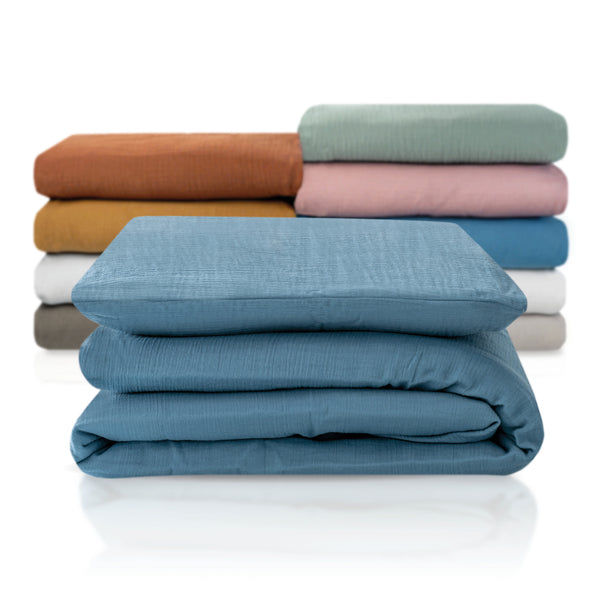 Cotton muslin bed linen, blue