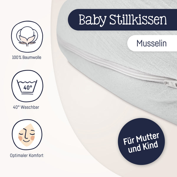 Nursing pillow made of cotton muslin, gray