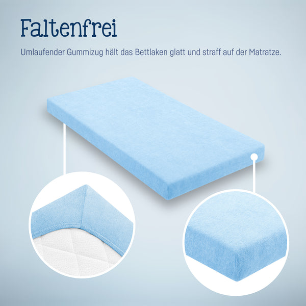 Fottee stretch bed sheets for baby mattresses 60x120 to 70x140cm, light blue